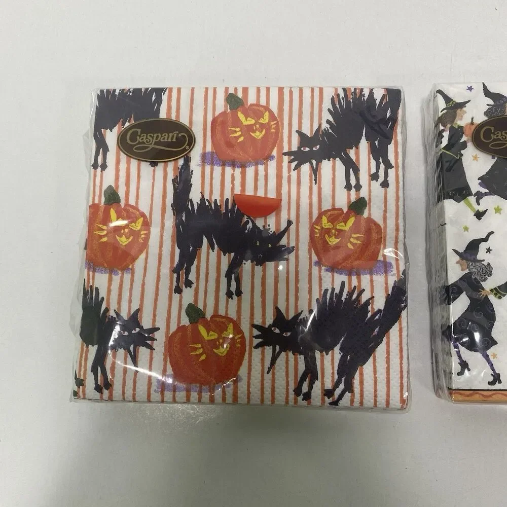 Decoupage Paper Napkin 2pks Caspari Halloween Witch Cat Pumpkin Mint